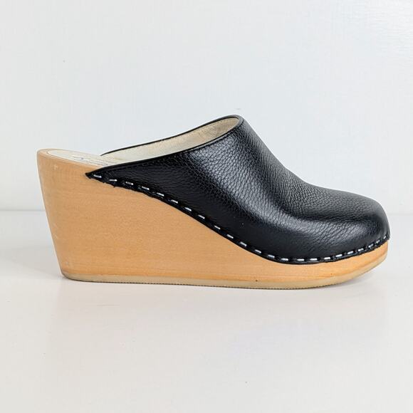 Maguba Clogs Wedge Heels 37 Black Leather Wood Platform Scandinavian Boho - Picture 8 of 12